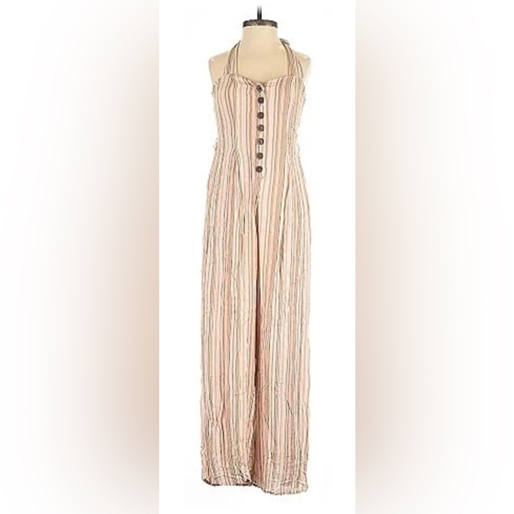 American Eagle Jumpsuit Beige Stripe Halter V Neck Smocked Wide Leg Plus sz XXL